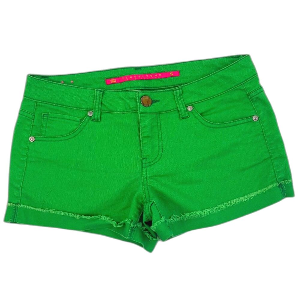 Tinseltown Junior's Bright Lime Green Denim Low Rise Cutoff Shorts Size 5